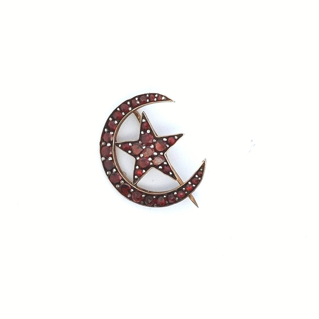 Antique $100 Base Metal Victorian Bohemian Garnet Moon & Star Brooch