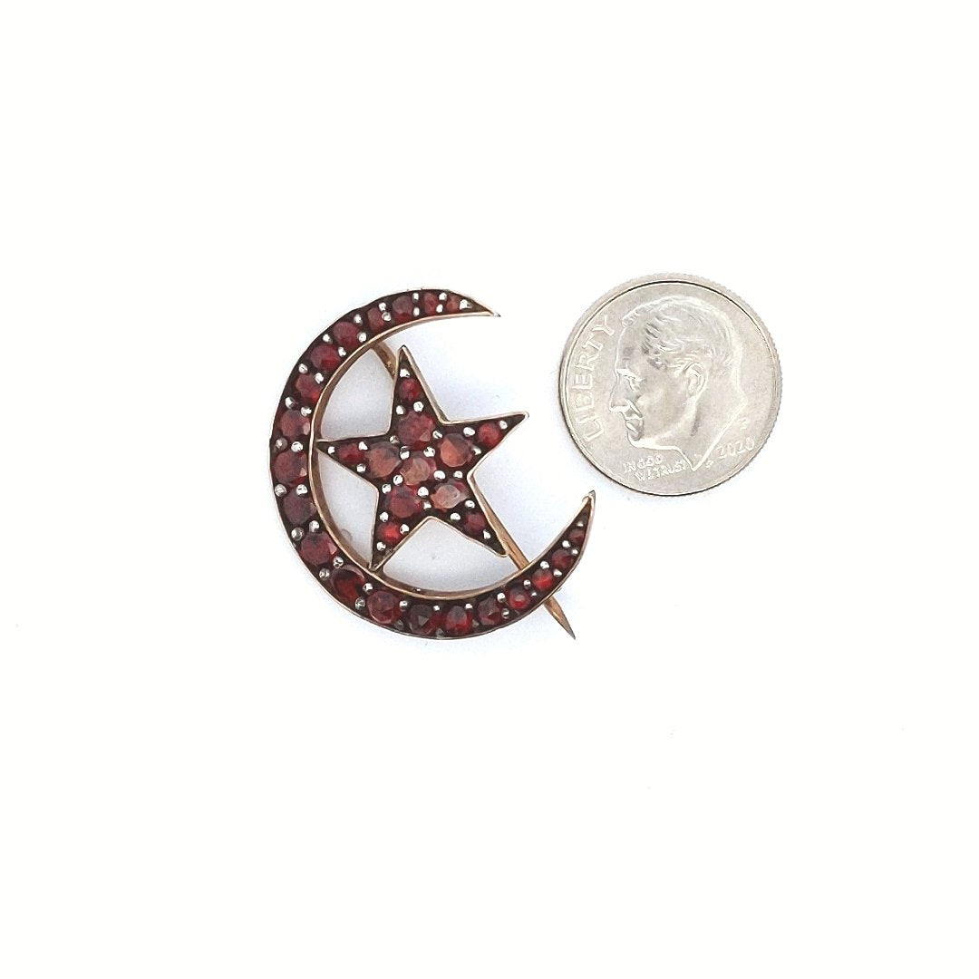 Antique $100 Base Metal Victorian Bohemian Garnet Moon & Star Brooch