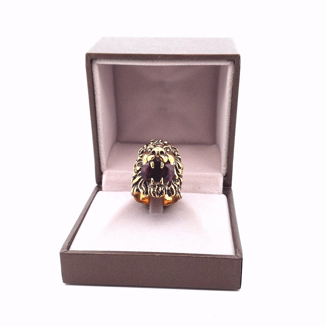 Designer $450 Gucci Gold Plated Lion Head Purple Crystal Ring