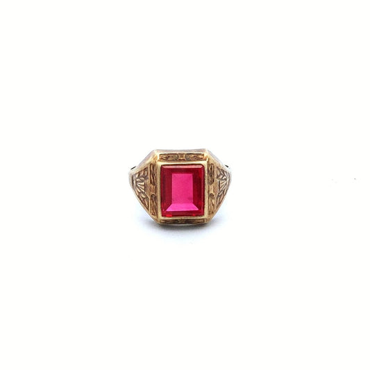 Antique $570 14K Yellow Gold Art Deco Lab created Ruby Ring
