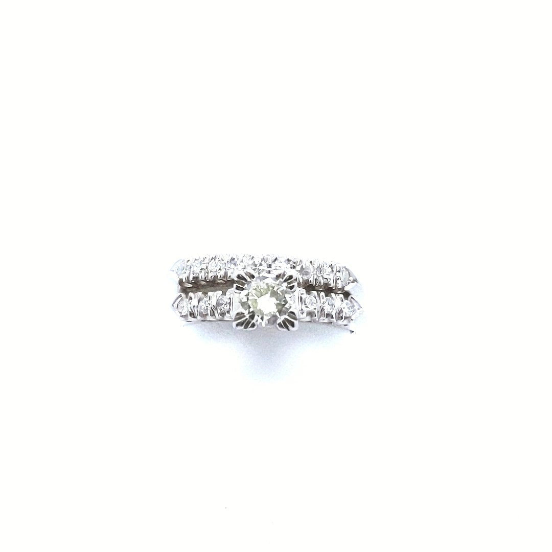 Vintage $1590 14K White Gold Diamond Engagement Ring Wedding Band Set