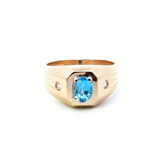 Estate $900 14K Yellow Gold Oval Blue Topaz Diamond Ring