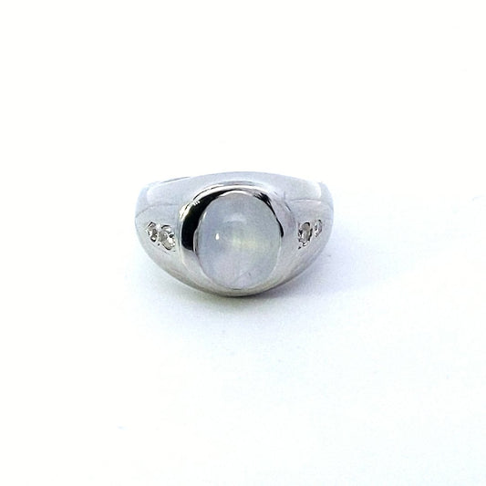 Vintage 14K White Gold Oval Gray Star Sapphire Diamond Ring