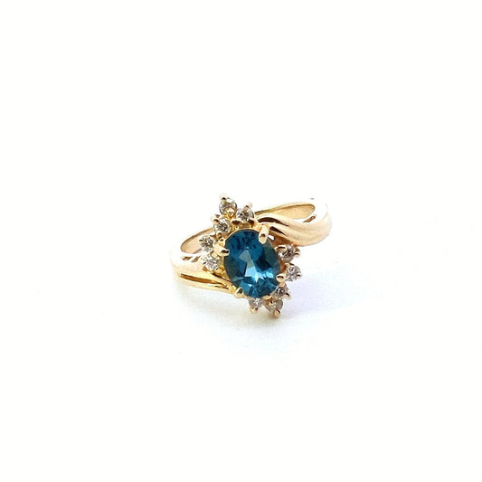 14K Yellow Gold Oval London Blue Topaz Diamond Bypass Ring