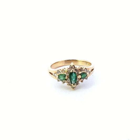 Estate $500 14K Yellow Gold Marquise Emerald Diamond Ring