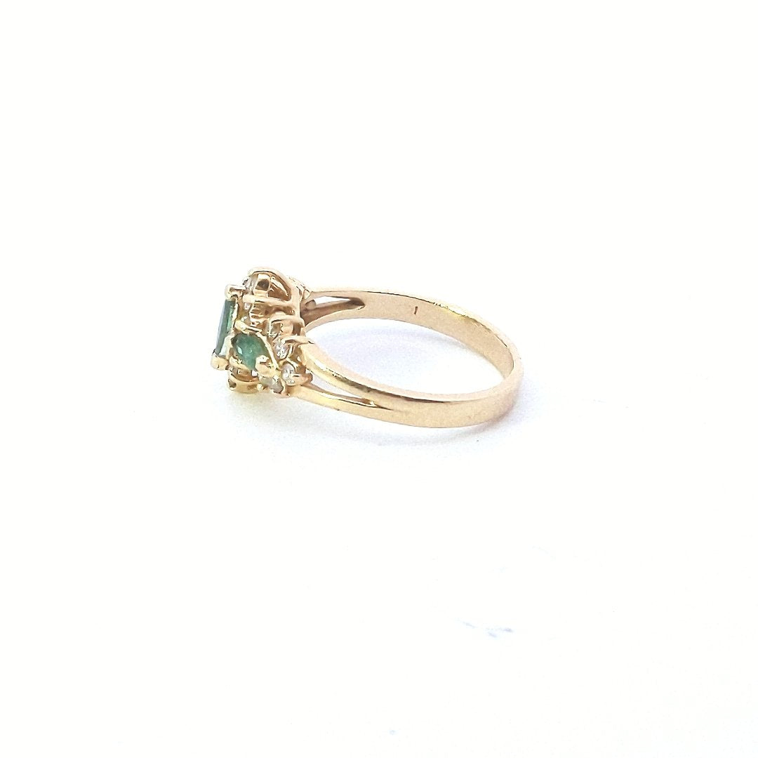 Estate $500 14K Yellow Gold Marquise Emerald Diamond Ring
