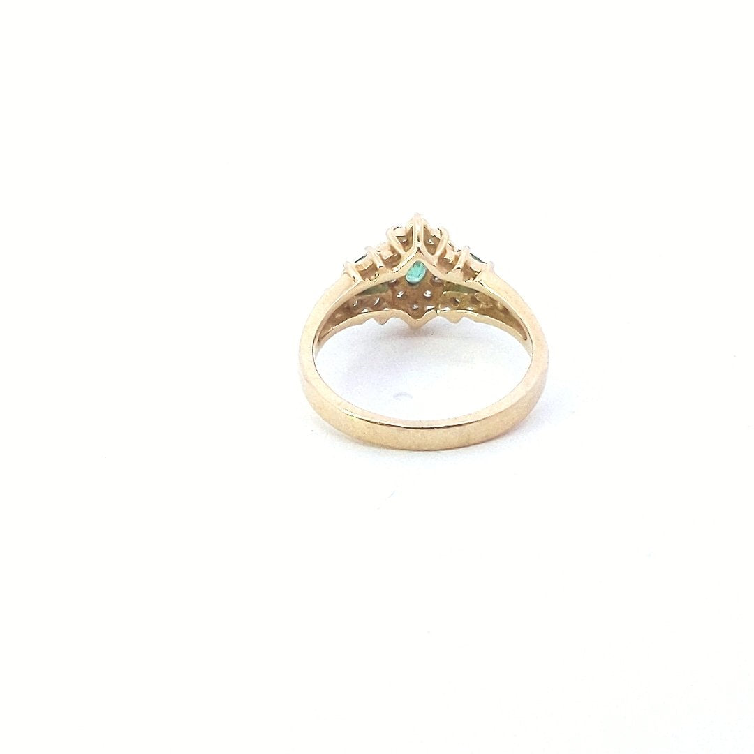 Estate $500 14K Yellow Gold Marquise Emerald Diamond Ring