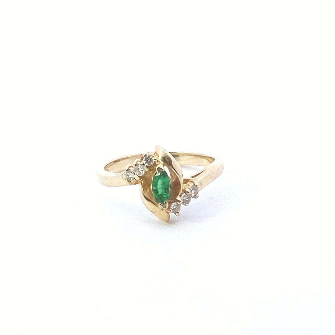Vintage 14K Yellow Gold Marquise Emerald Diamond Bypass Ring