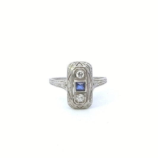 Antique Platinum Lab Created Sapphire Natural Diamond Ring