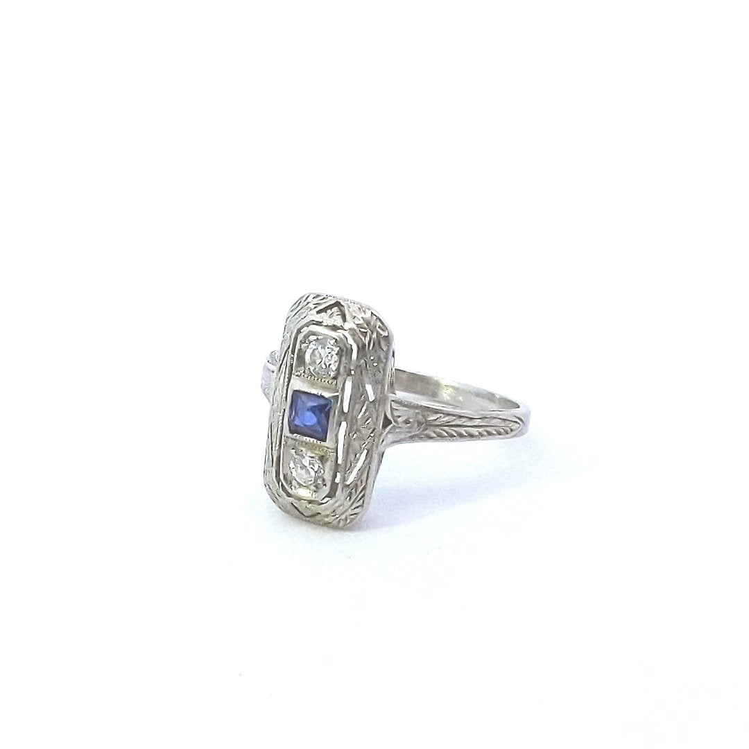 Antique Platinum Lab Created Sapphire Natural Diamond Ring