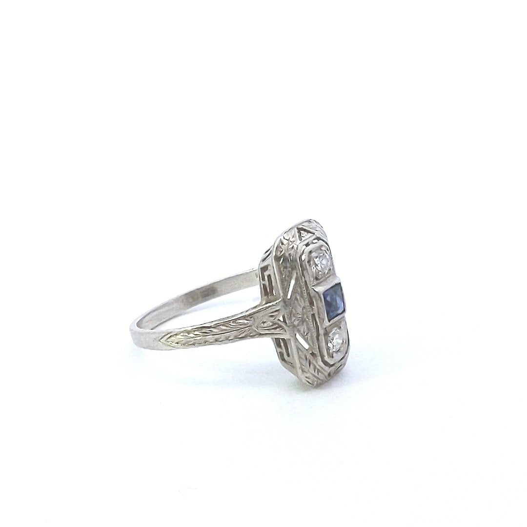 Antique Platinum Lab Created Sapphire Natural Diamond Ring