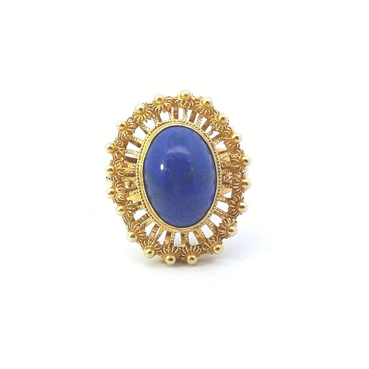 Vintage $700 14K Yellow Gold Oval Lapis Lazuli Wirework Ring