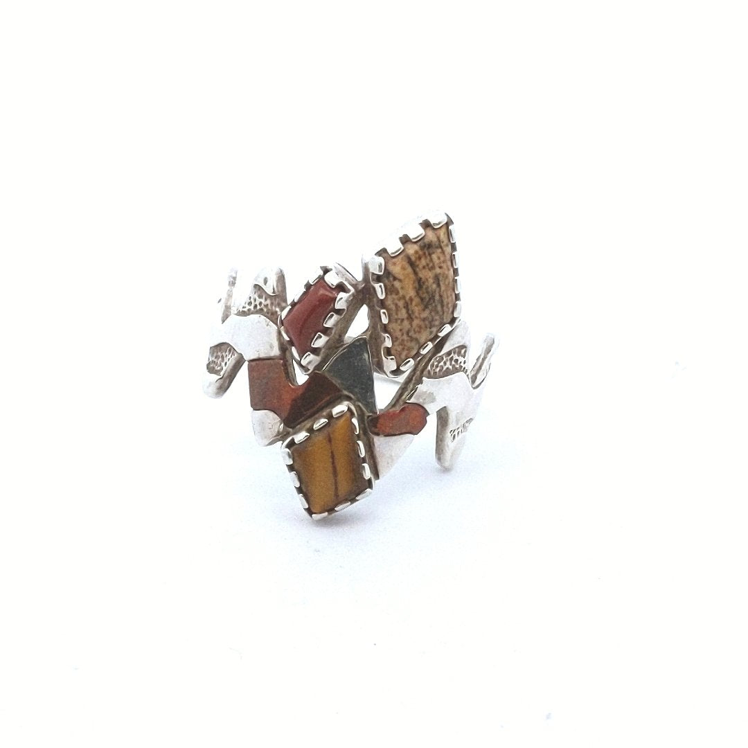 Sterling Silver Copper Carolyn Pollack Tiger Eye Coral Jasper Abstract Ring