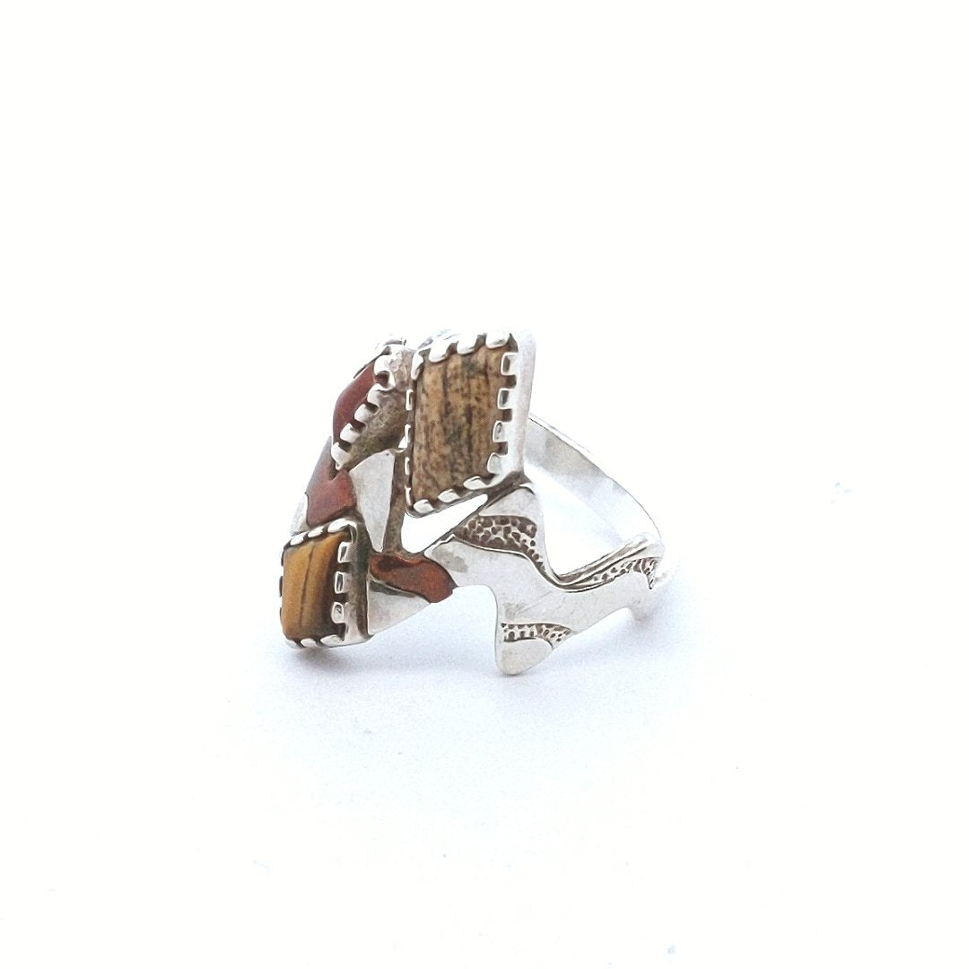 Sterling Silver Copper Carolyn Pollack Tiger Eye Coral Jasper Abstract Ring
