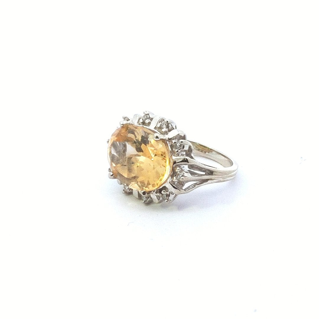 Estate $800 14K White Gold Citrine Diamond Ring