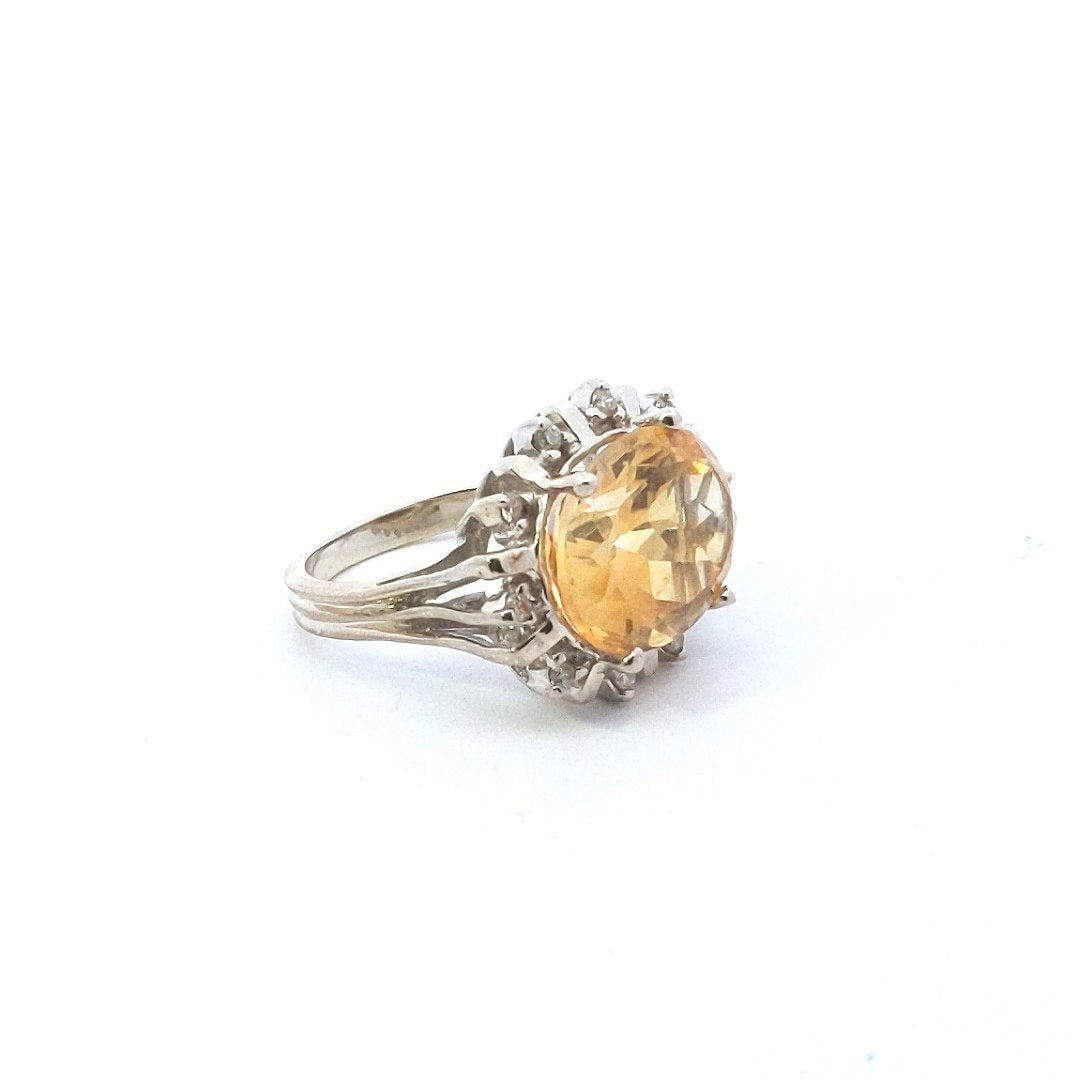 Estate $800 14K White Gold Citrine Diamond Ring