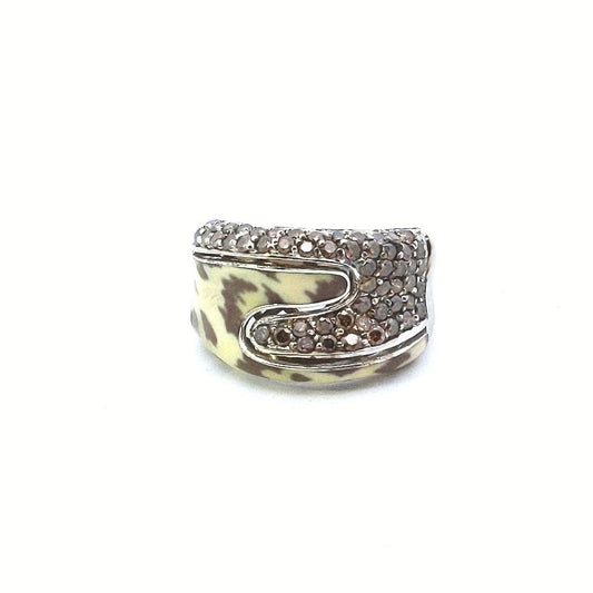 14K White Gold Fancy Cognac Pave Set Diamond Leopard Enamel Ring