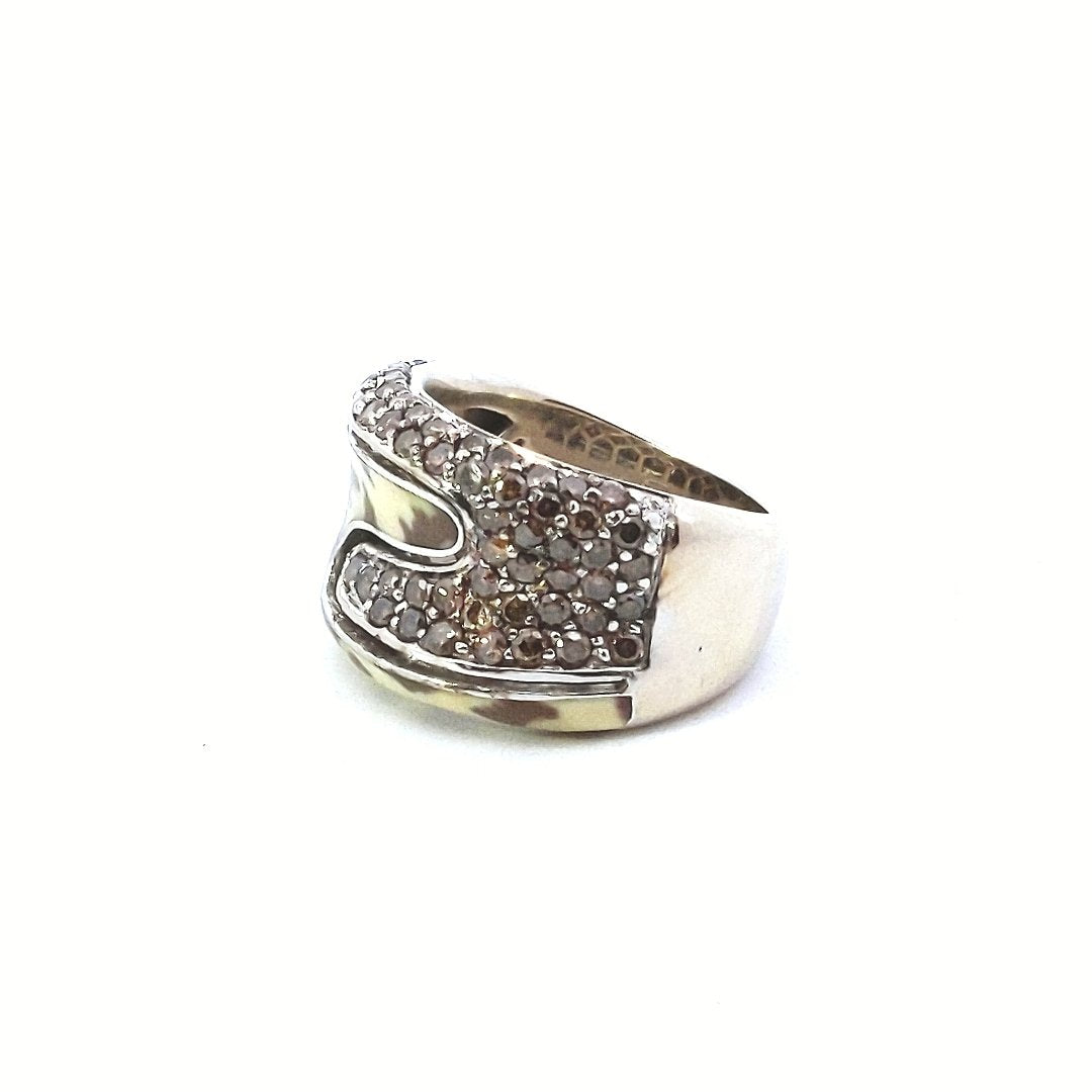 14K White Gold Fancy Cognac Pave Set Diamond Leopard Enamel Ring