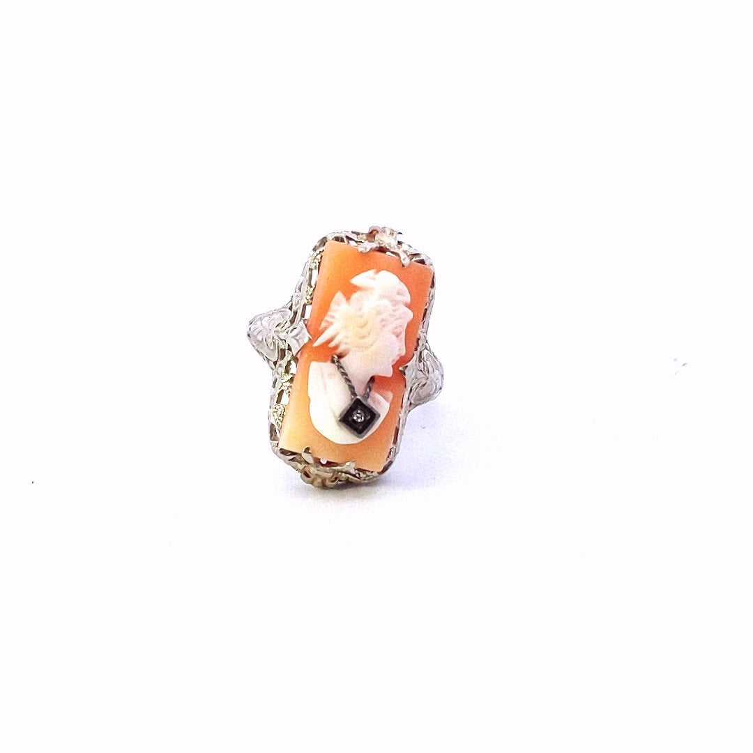 Antique $400 14K White Gold  Edwardian FIligree Cameo Diamond Ring