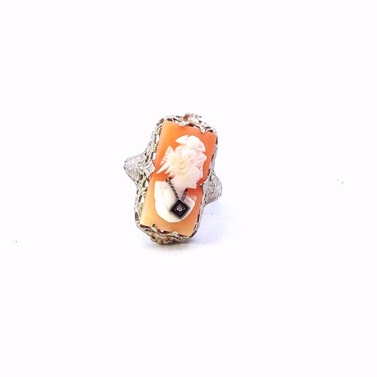 Antique $400 14K White Gold  Edwardian FIligree Cameo Diamond Ring