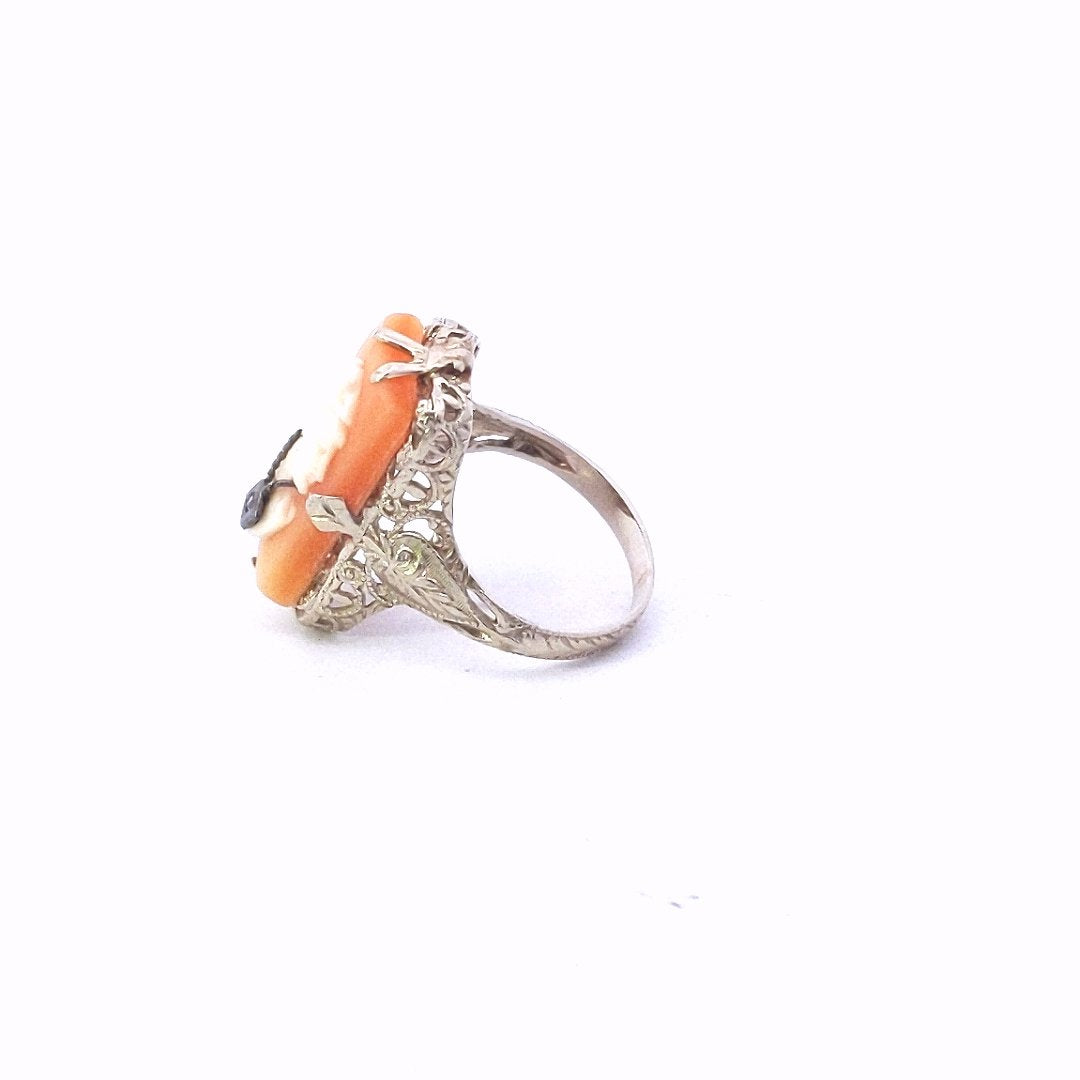 Antique $400 14K White Gold  Edwardian FIligree Cameo Diamond Ring