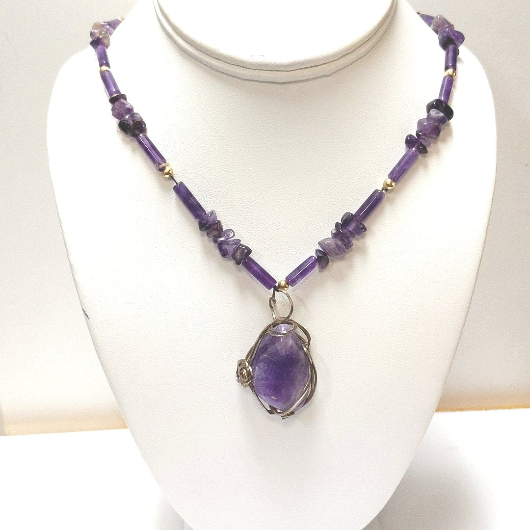 Estate 14K Yellow Gold Amethyst Beaded Pendant Necklace
