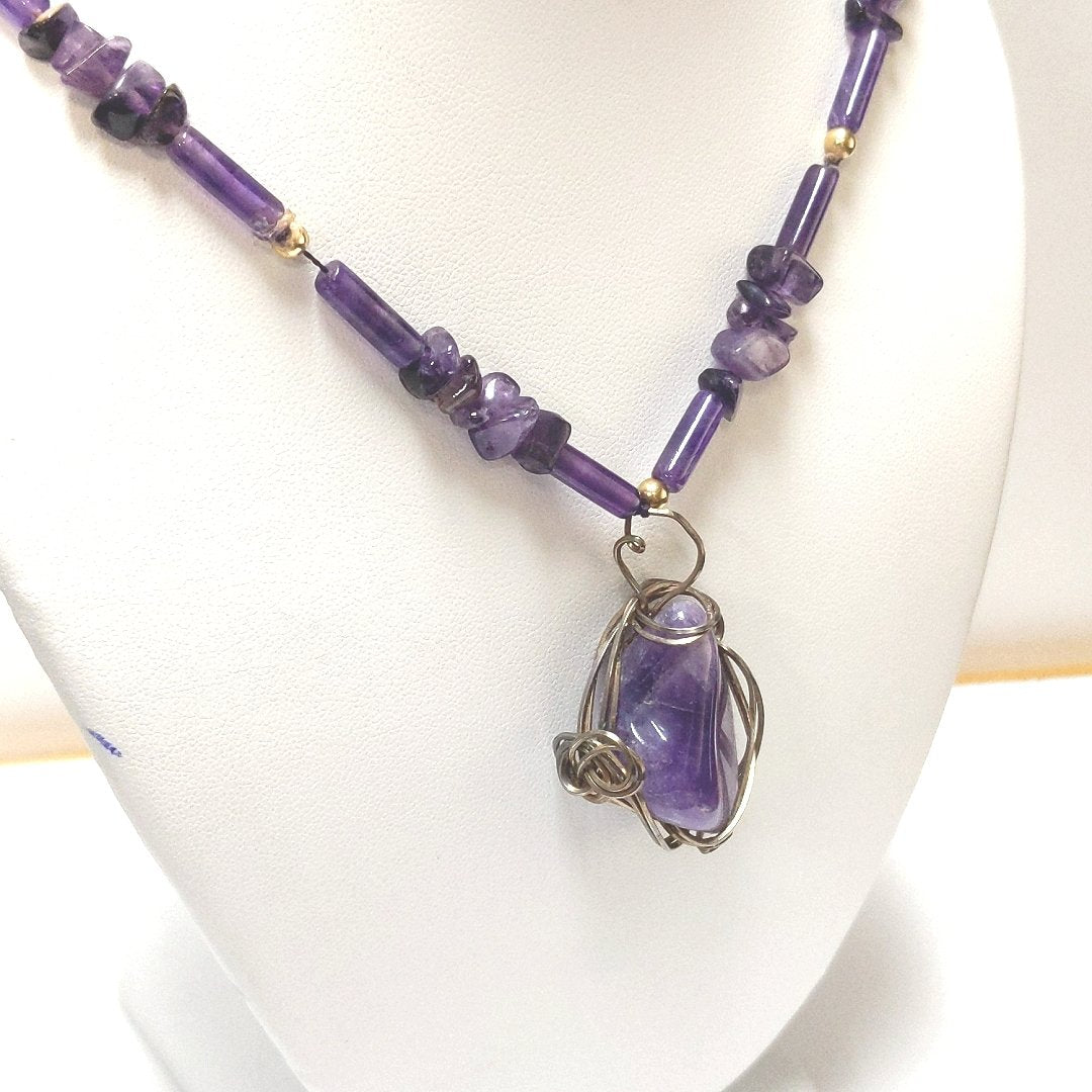 Estate 14K Yellow Gold Amethyst Beaded Pendant Necklace