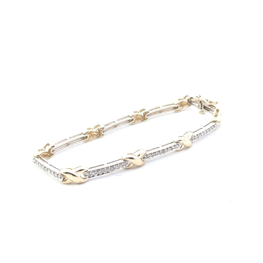 Vintage $1800 14K Two Tone Gold Diamond Bar X Link Bracelet
