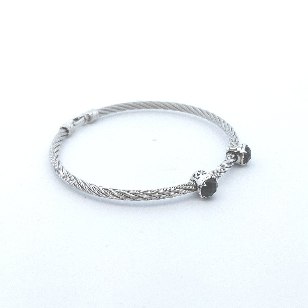 Designer Alor 18K White Gold Stainless Steel Cable Black Onyx Bracelet
