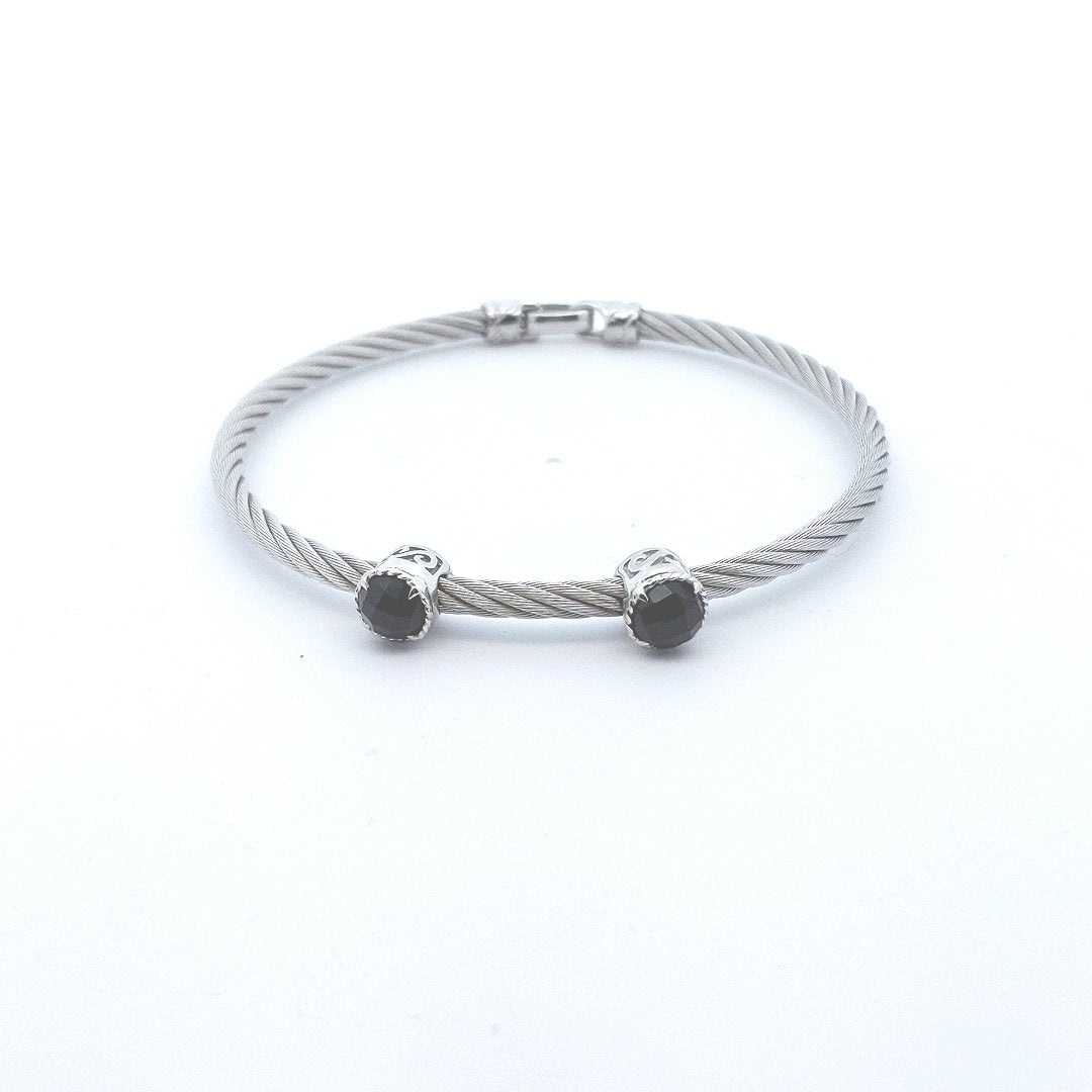 Designer Alor 18K White Gold Stainless Steel Cable Black Onyx Bracelet