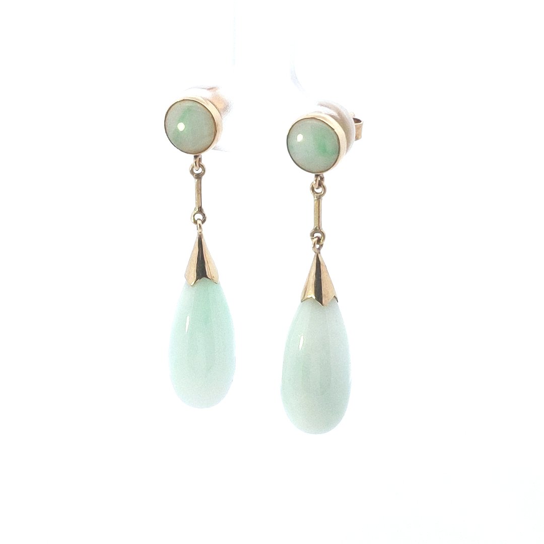 Estate $280 14K Yellow Gold Jade Dangle Earrings