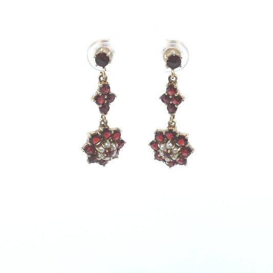 Vintage $640 18K Yellow Gold Bohemian Garnet Seed Pearl Drop Earrings