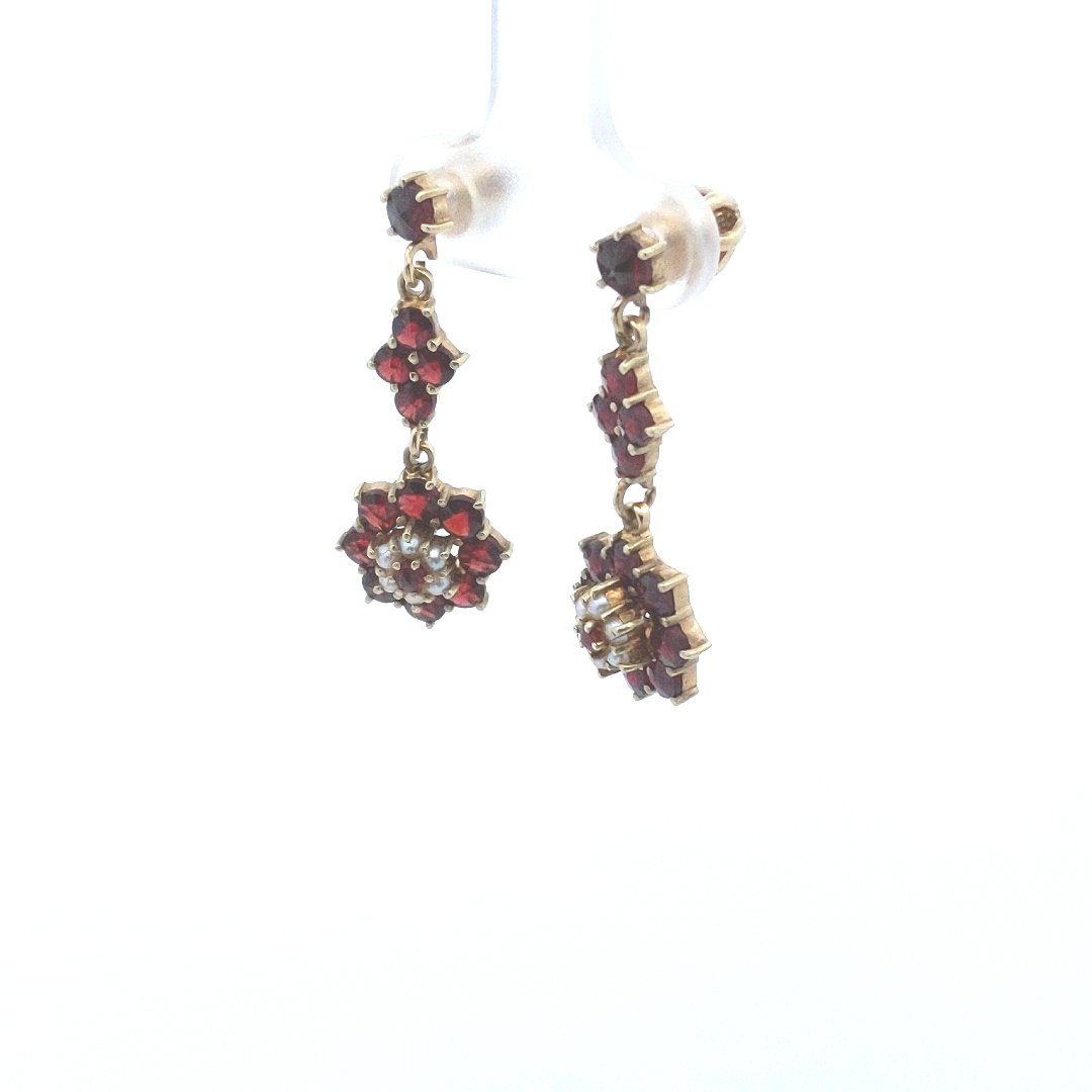 Vintage $640 18K Yellow Gold Bohemian Garnet Seed Pearl Drop Earrings