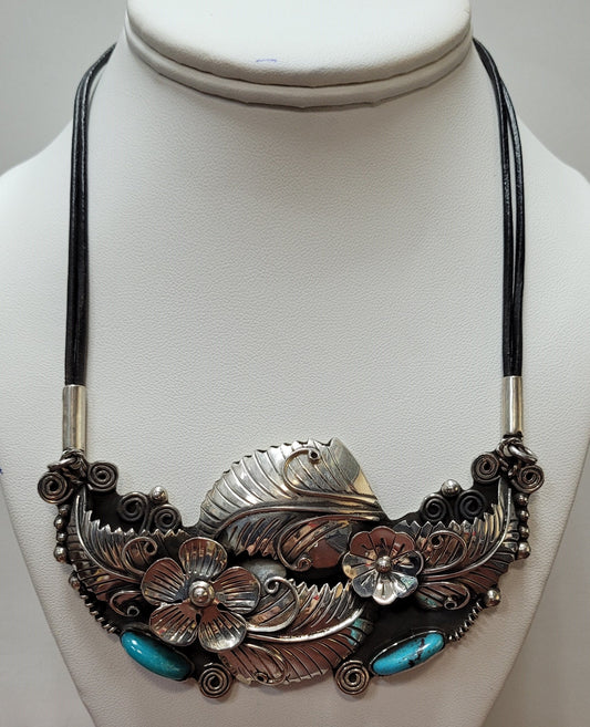 Estate Sterling Silver Leaves Flower Turquoise Double Corded Necklace