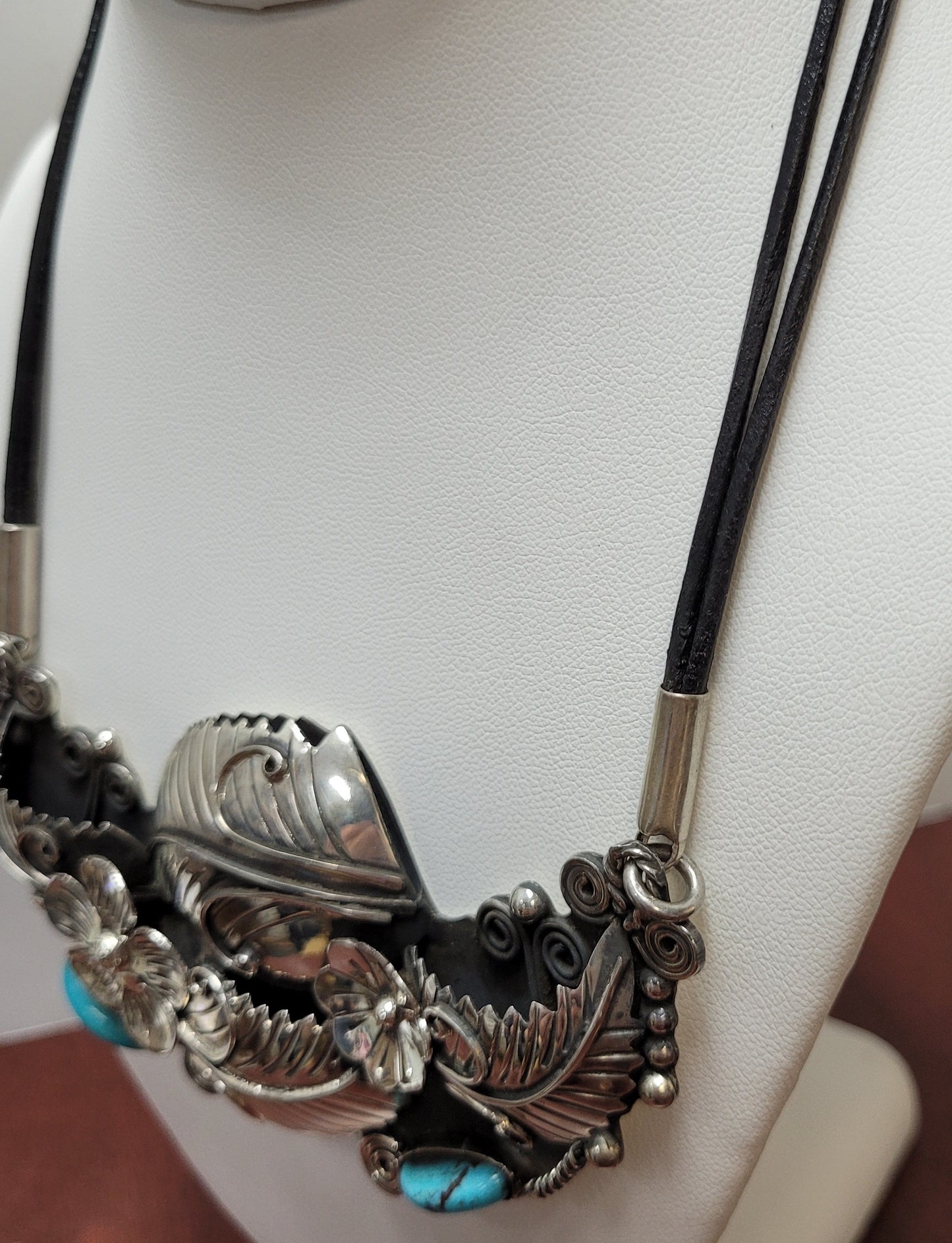 Estate Sterling Silver Leaves Flower Turquoise Double Corded Necklace
