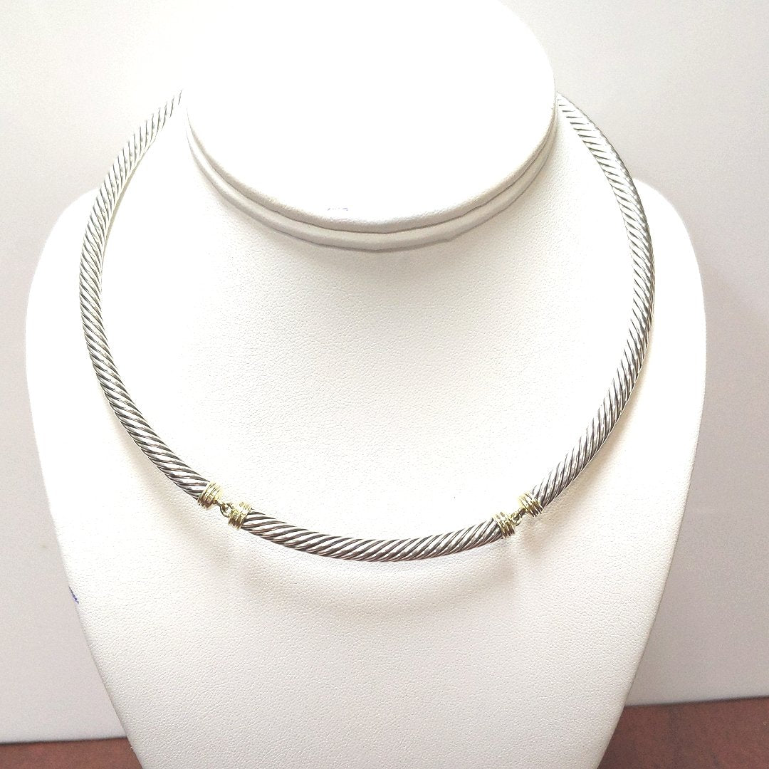 Designer $800 14K Yellow Gold Sterling Silver Cable Collar Necklace