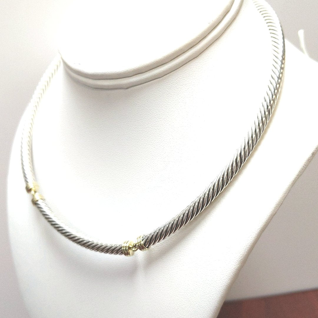Designer $800 14K Yellow Gold Sterling Silver Cable Collar Necklace