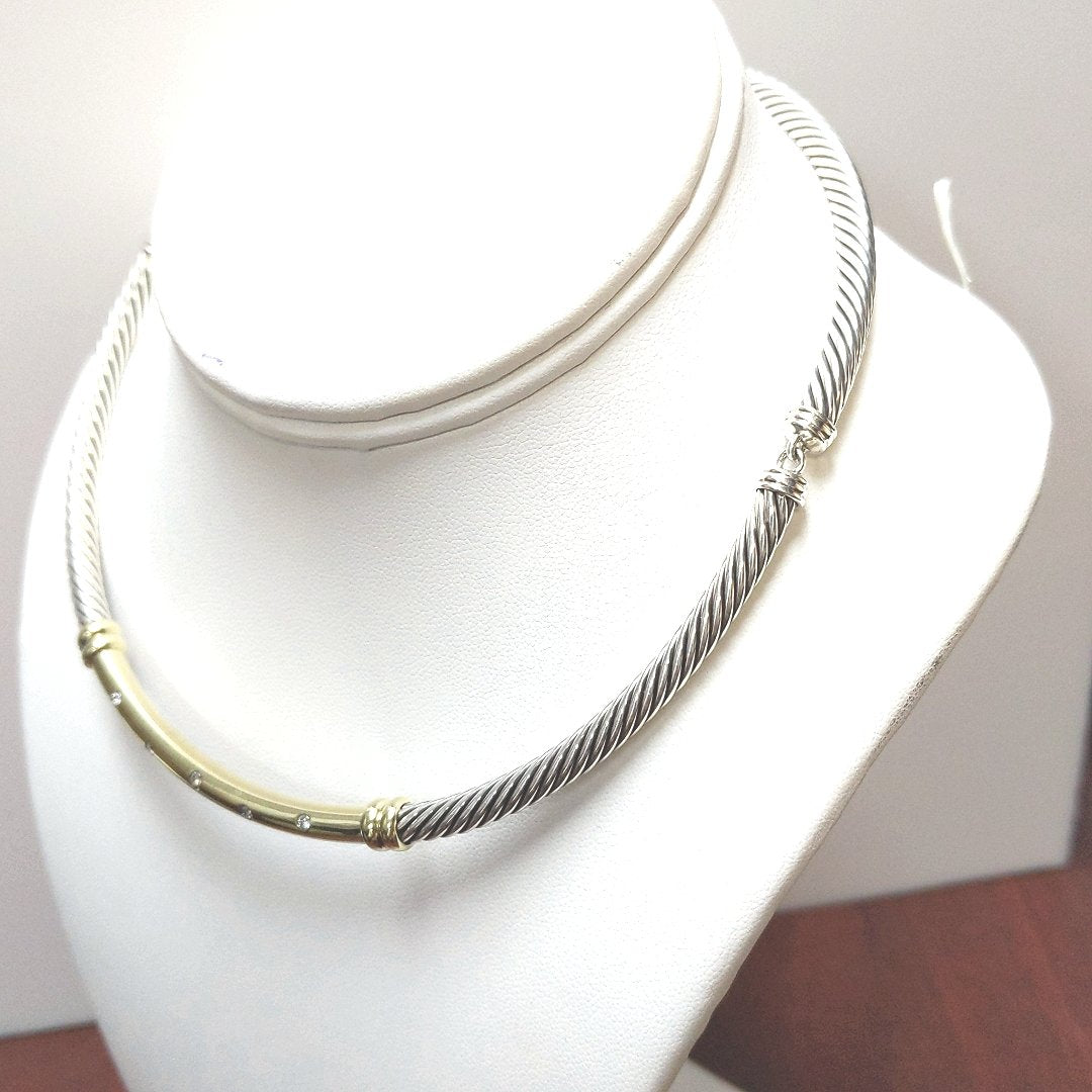 Designer $1170 Sterling 14K Yellow Gold Diamond Bar Cable Collar Necklace