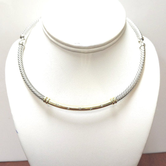 Designer $1170 Sterling 14K Yellow Gold Diamond Bar Cable Collar Necklace