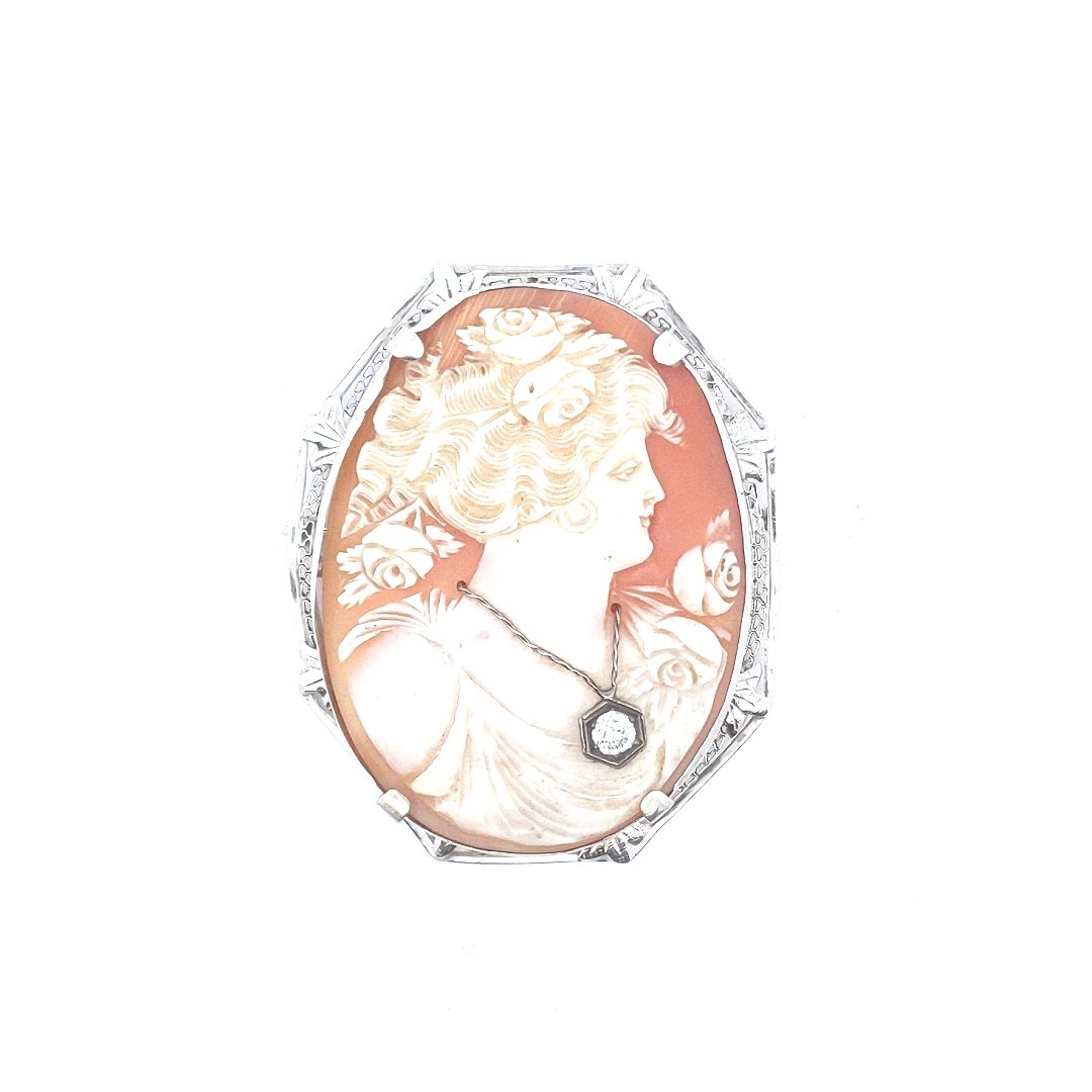 Antique $1000 14K White Gold Carved Shell Cameo Diamond Brooch