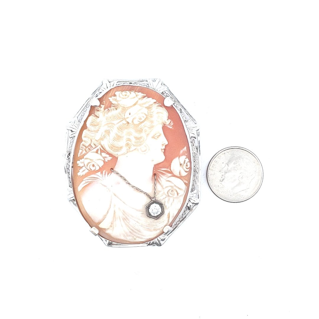 Antique $1000 14K White Gold Carved Shell Cameo Diamond Brooch