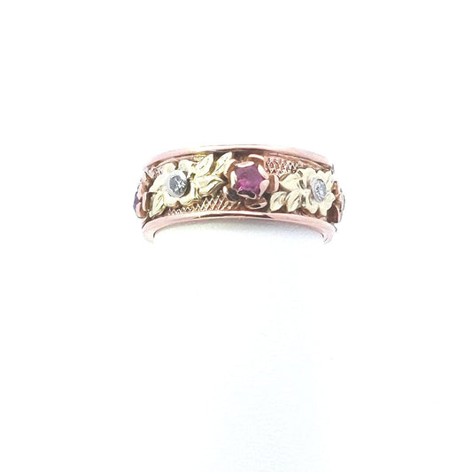 Vintage $700 14K Tri Color Gold Retro Diamond Flower Design Eternity Ruby Band