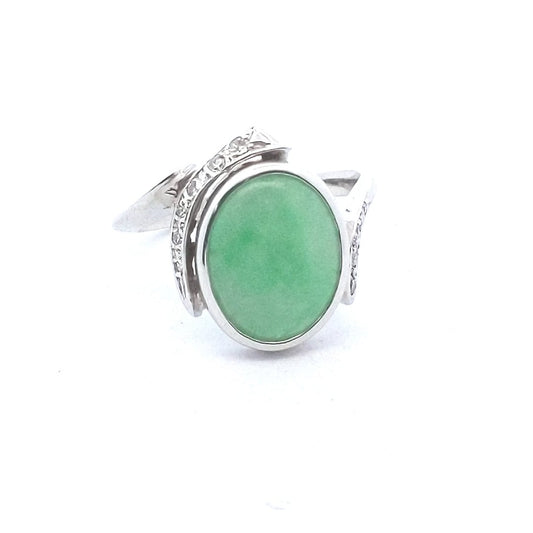 Vintage $600 14K White Gold Oval Jadeite Jade Diamond Bypass Ring