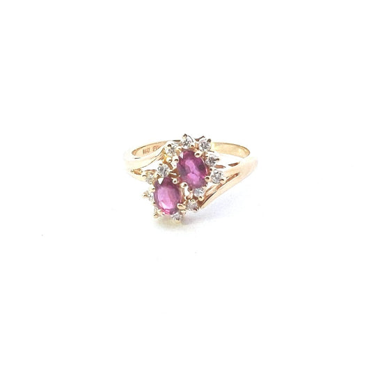 Vintage $800 14K Yellow Gold Ruby Diamond Cluster Bypass Ring