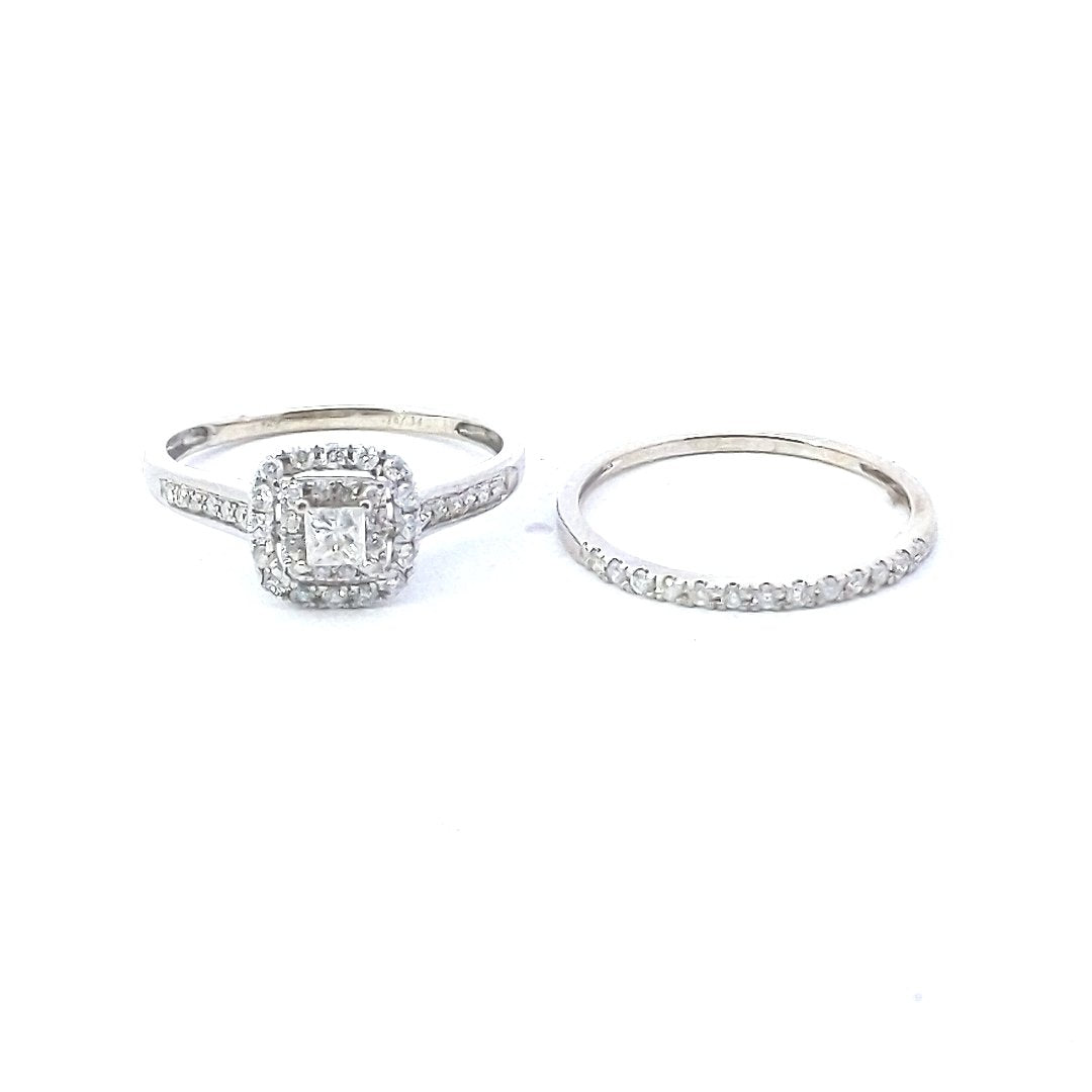 Estate $600 14K White Gold Diamond Engagement Wedding Ring Set