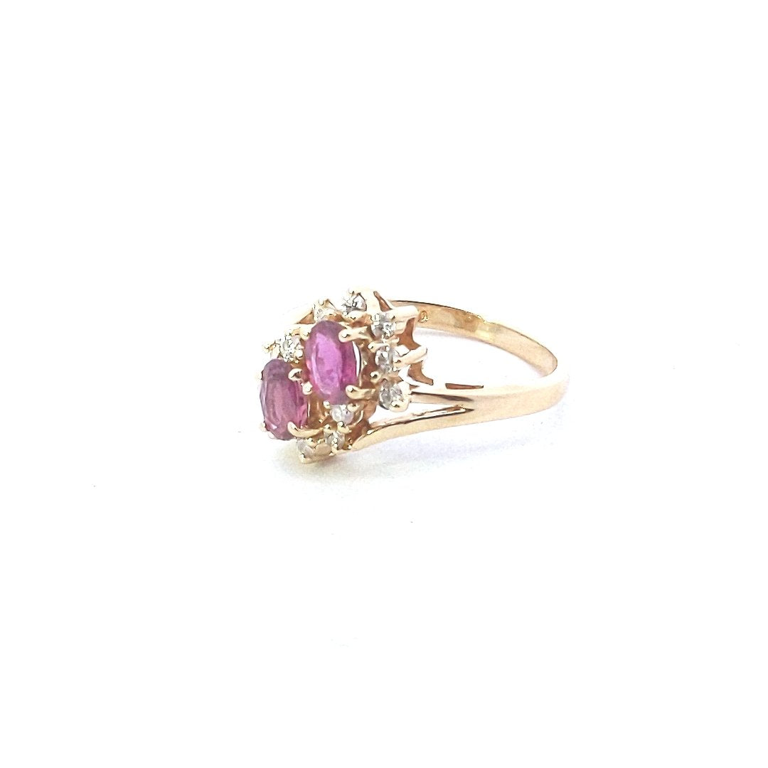 Vintage $800 14K Yellow Gold Ruby Diamond Cluster Bypass Ring