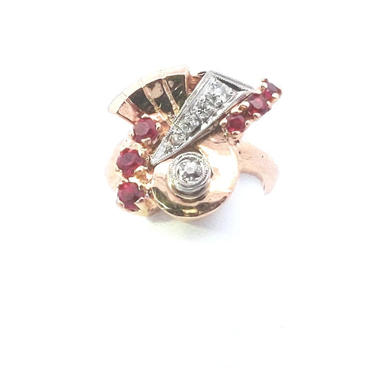 Vintage $1200 14K Rose Gold Retro Natural Diamond Lab Created Ruby Cocktail Ring