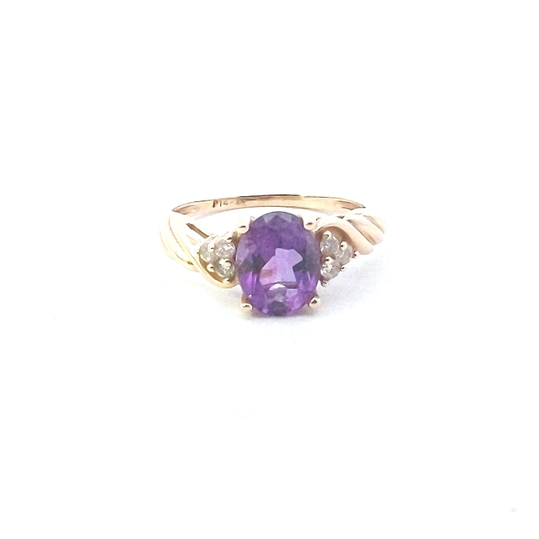 Estate $400 14K Yellow Gold Amethyst Diamond Ring
