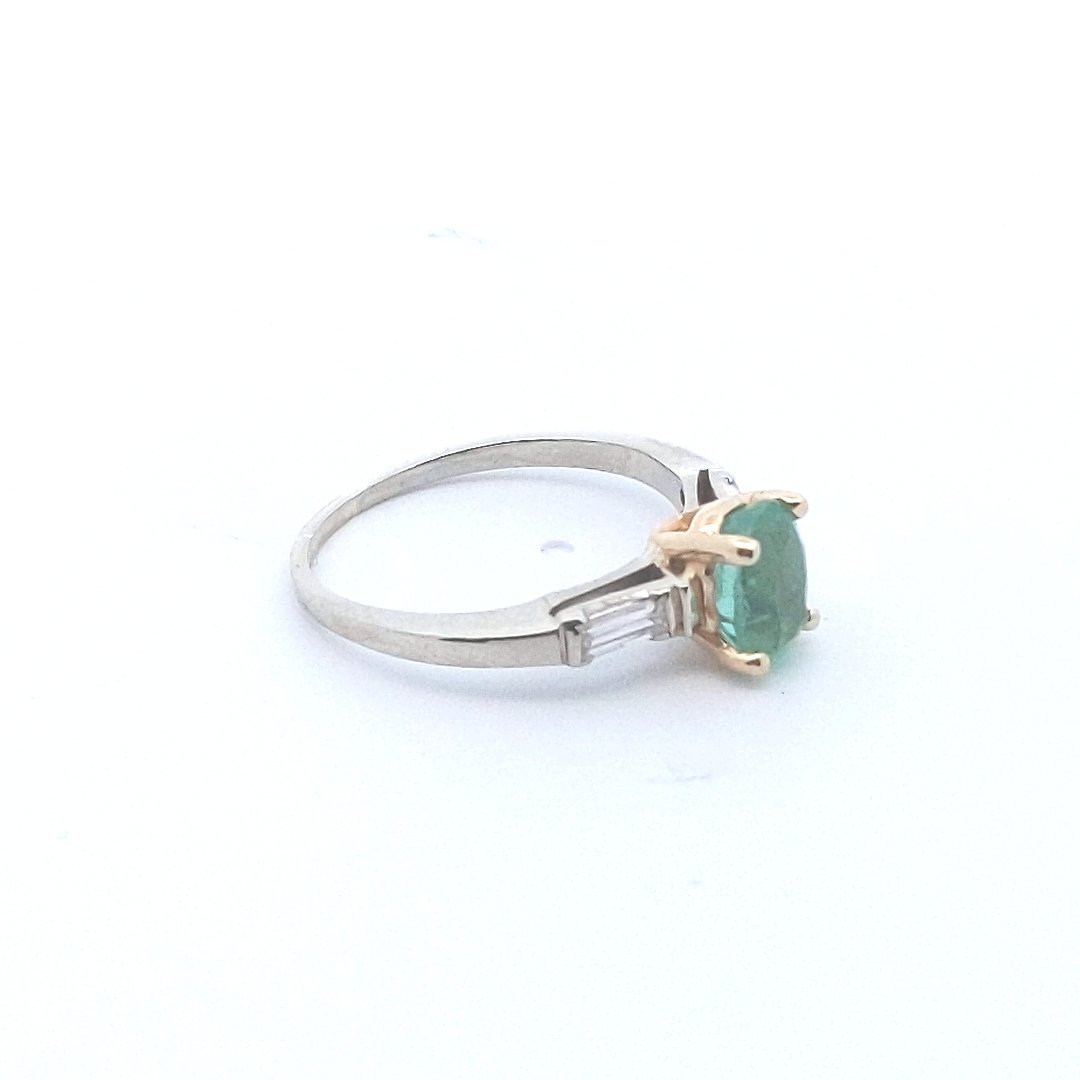 Estate $700 14K Two Tone Gold Emerald Diamond Engagement Ring