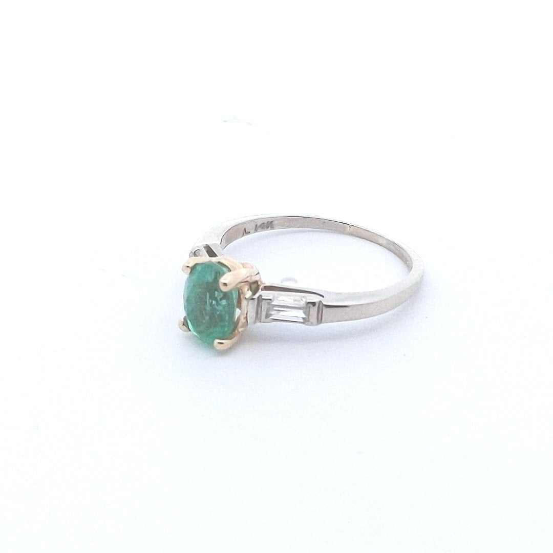 Estate $700 14K Two Tone Gold Emerald Diamond Engagement Ring